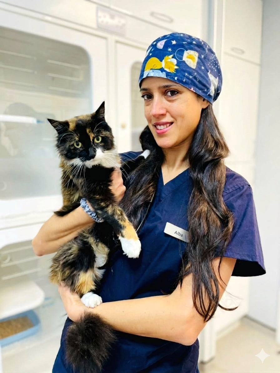 Alba Troya, veterinary surgeon, holding a cat